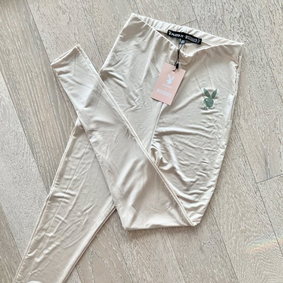 NWT | PLAYBOY x Missguided Lifestyle Soft Touch Leggings | Size 4 | Stone Colour - Picture 1 of 10